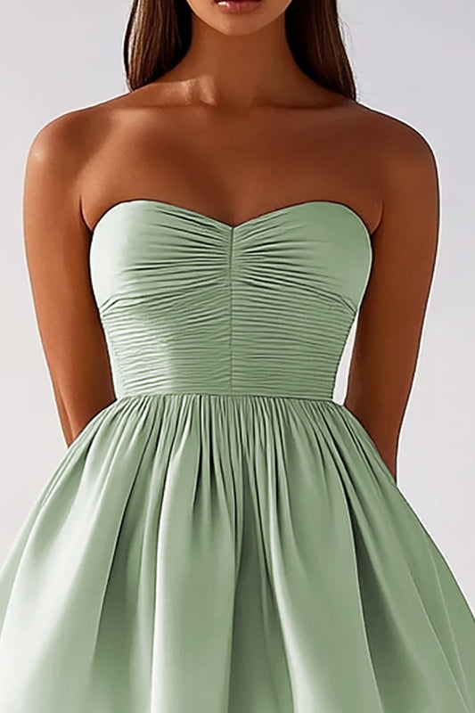 Sage Green Satin Strapless Ruched A-Line Short Graduation Dress