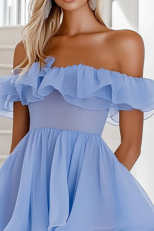 Blue Organza Off the Shoulder A Line Short Graduation Dress with Ruffles