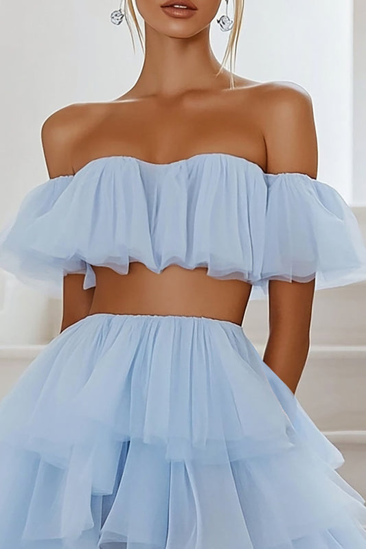 Sky Blue Two Pieces A Line Tulle Short Graduation Dress with Ruffles