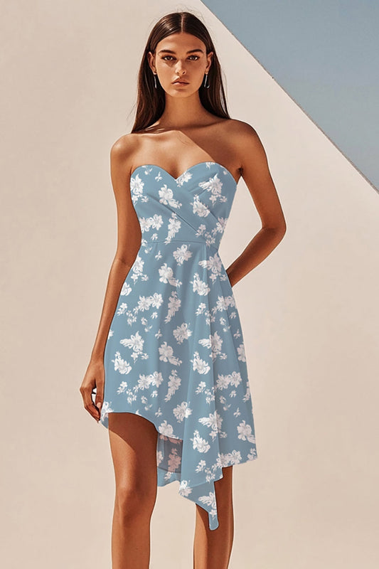Blue White Flower Asymmetrical Sweetheart Short Summer Dress