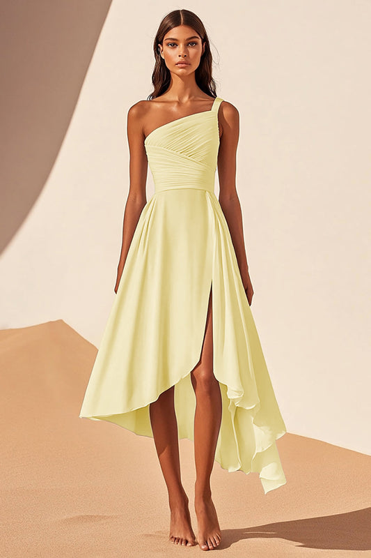 Daffodil Chiffon A Line One Shoulder Midi Graduation Dress with Slit