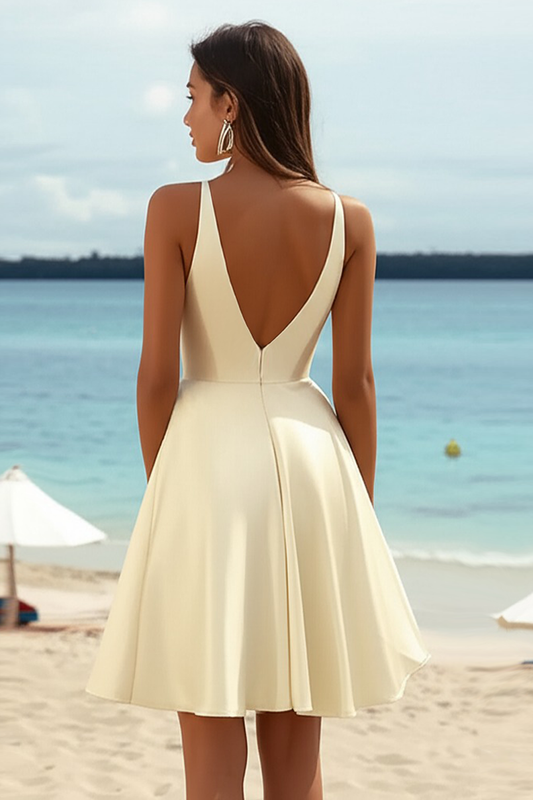 Daffodil Satin A Line Deep V Neck Short Graduation Dress