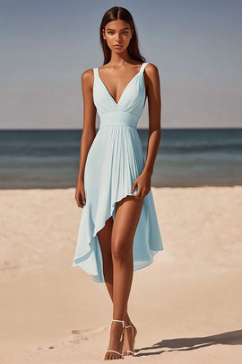 Sky Blue Chiffon V Neck Asymmetrical Short Graduation Dress