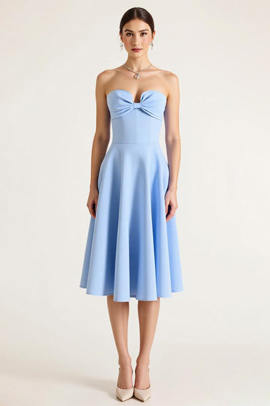 Sky Blue A Line Strapless Satin Midi Graduation Dress with Bow