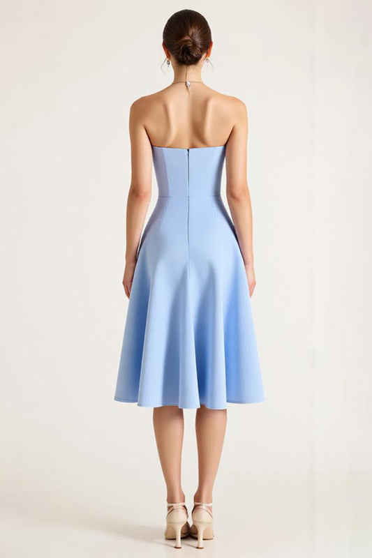 Sky Blue A Line Strapless Satin Midi Graduation Dress with Bow