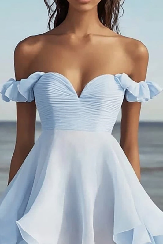 Sky Blue Chiffon Sweetheart A Line Short Graduation Dress with Ruffles