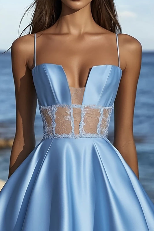 Blue Satin Spaghetti Straps A Line Short Graduation Dress with Lace