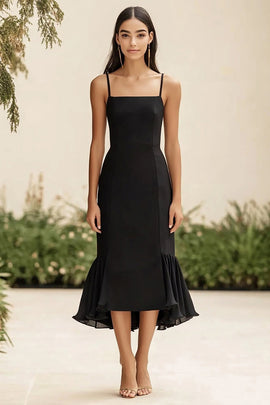 Black Satin Square Neck Long Mermaid Formal Dress with Ruffles