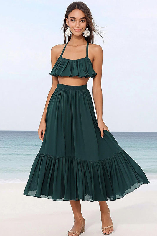 Dark Green A Line Chiffon Two Piece Boho Dress with Ruffles