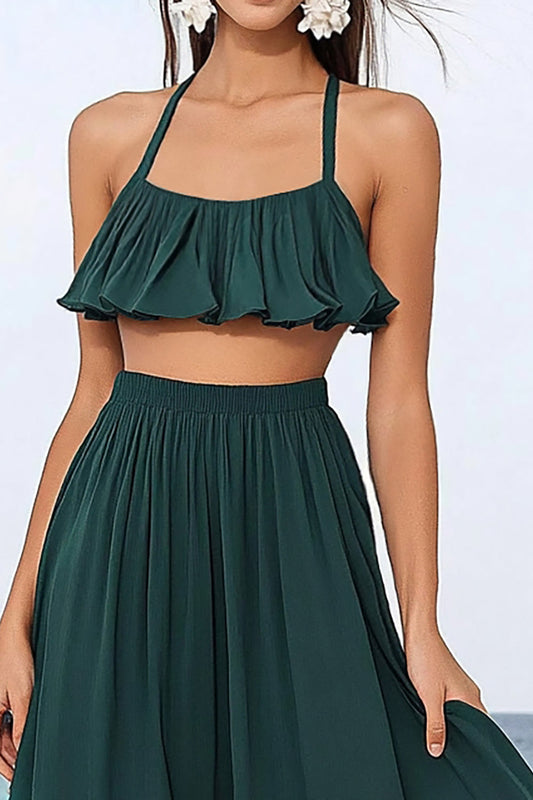 Dark Green A Line Chiffon Two Piece Boho Dress with Ruffles