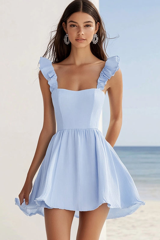 Sky Blue A Line Chiffon Short Cocktail Dress with Ruffles