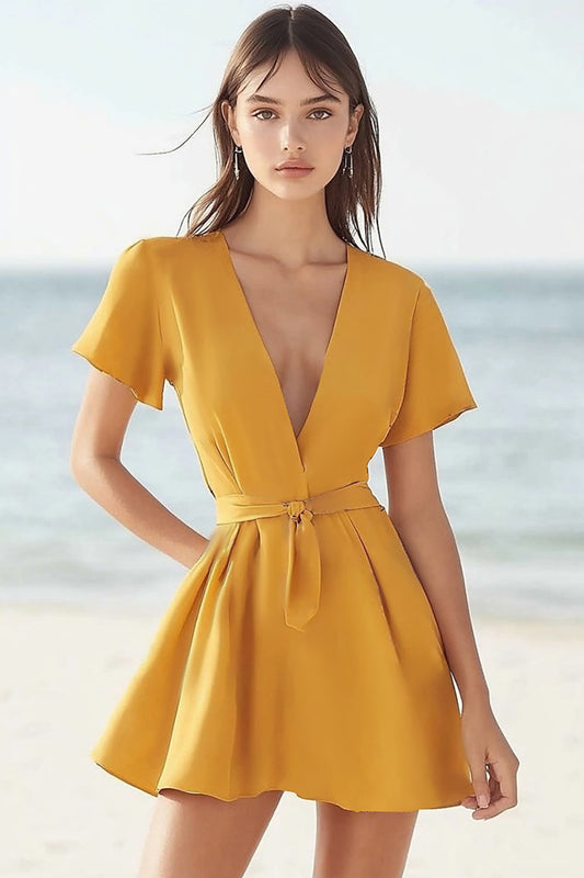 Yellow Satin V Neck Short Sleeves A Line Cocktail Dress with Sash