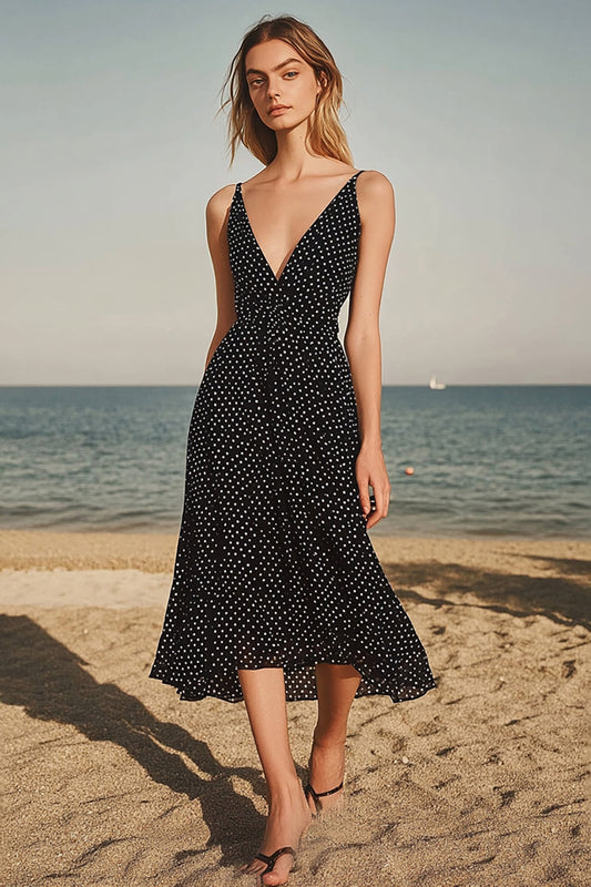 Black White Dots Chiffon Deep V Neck A Line Boho Maxi Dress