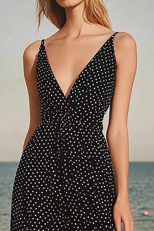 Black White Dots Chiffon Deep V Neck A Line Boho Maxi Dress