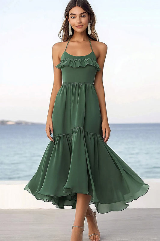Eucalyptus A Line Chiffon Halter Boho Maxi Dress with Ruffles