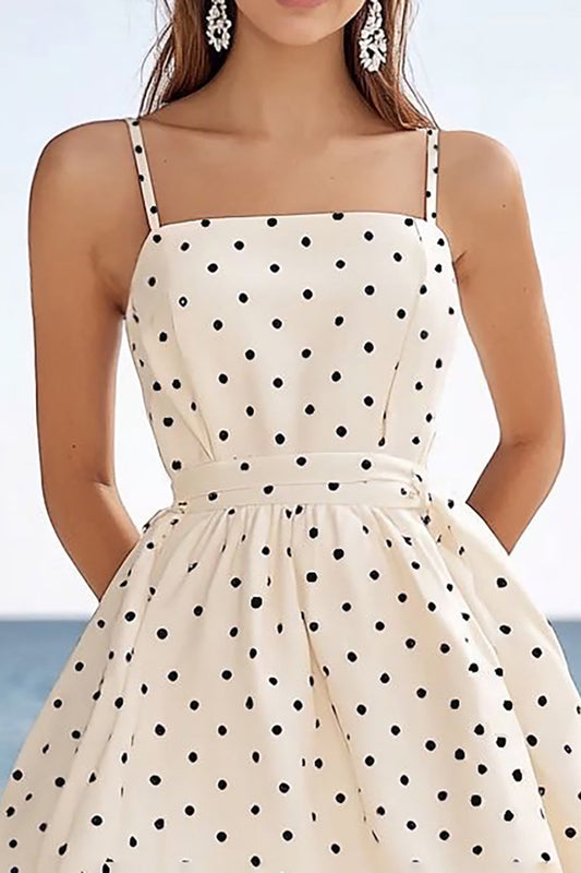 Ivory A Line Polka Dots Spaghetti Straps Short Boho Dress