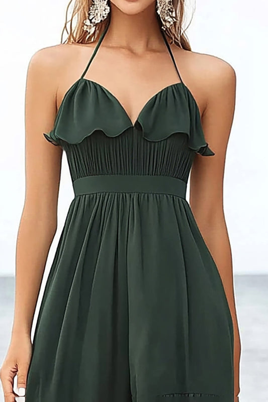 Dark Green Chiffon Halter A Line Midi Boho Dress with Ruffles