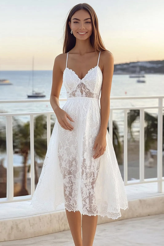 White A Line Lace Spaghetti Straps Midi Graduation Dress