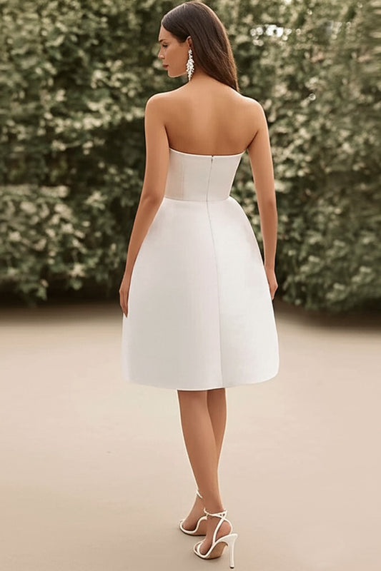 White Satin A Line Strapless Short Graduation Dress with Slit