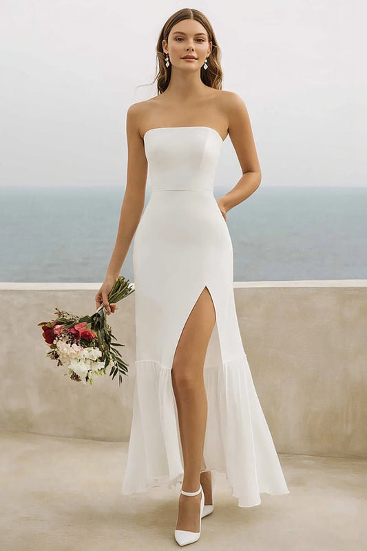White Chiffon Strapless Mermaid Long Engagement Dress with Slit