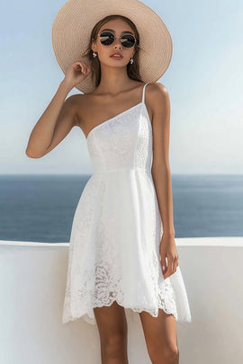 White Lace A Line One Shoulder Short Graduation Dress