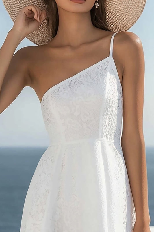 White Lace A Line One Shoulder Short Graduation Dress