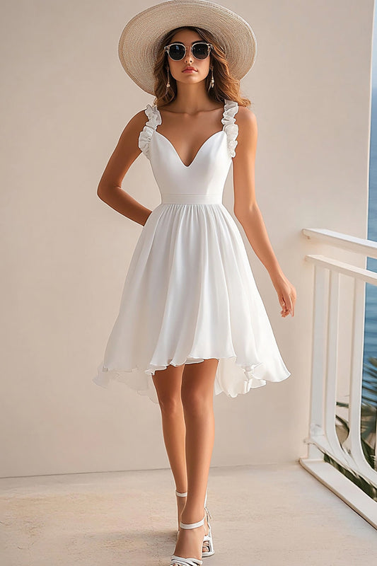 White Chiffon V Neck Short A Line Graduation Dress