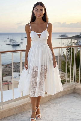 White Lace A Line Spaghetti Straps Midi Graduation Dress with Keyhole