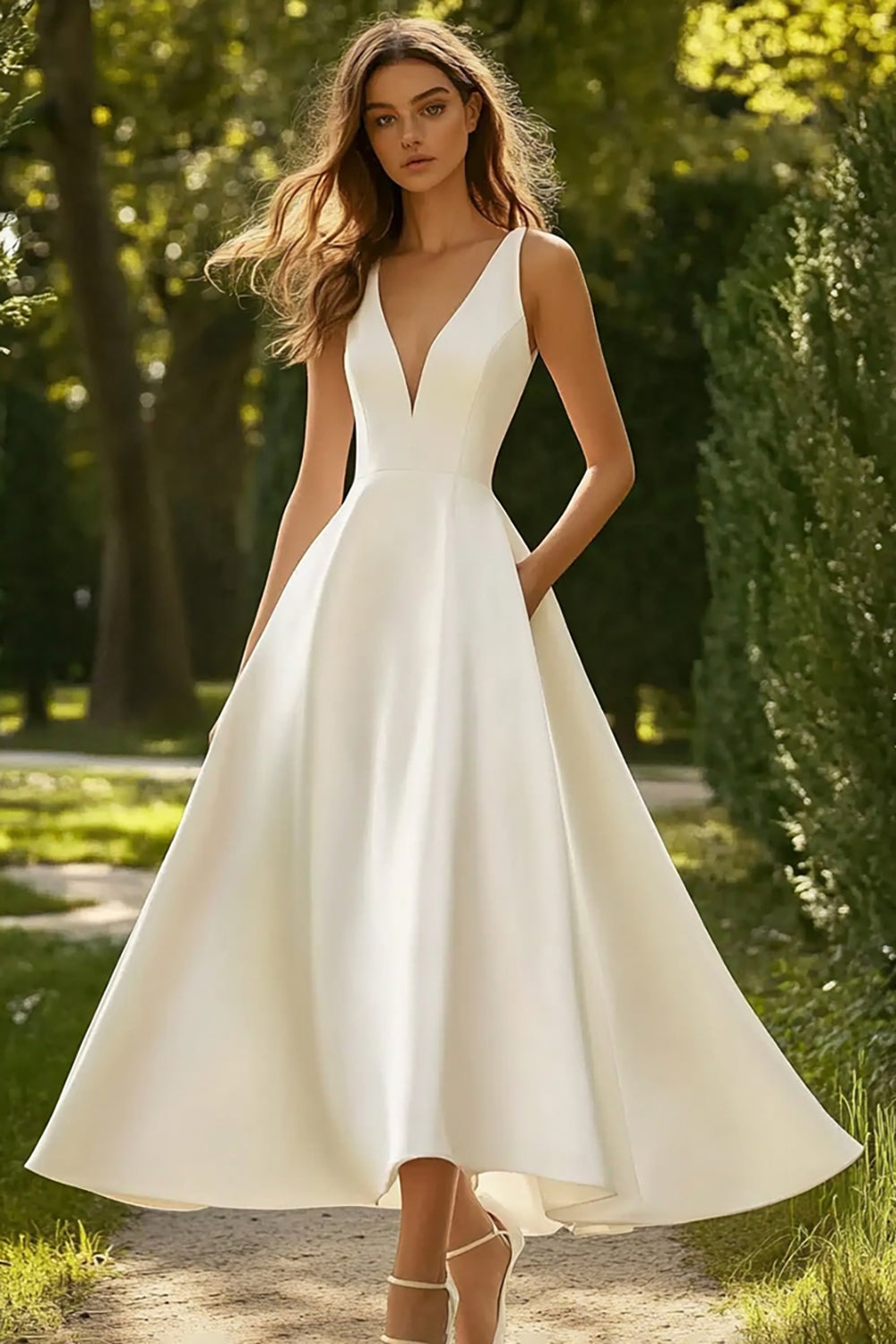 Zapakasa Women White A Line Long Engagment Dress Satin V Neck