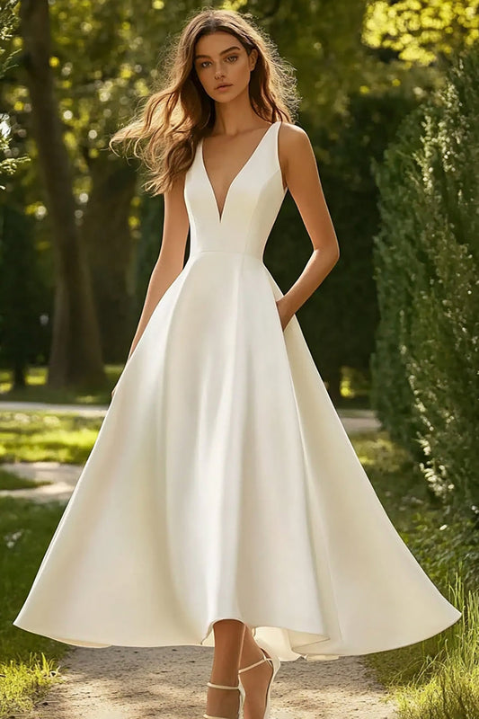 White A Line Satin Deep V Neck Long Engagement Dress