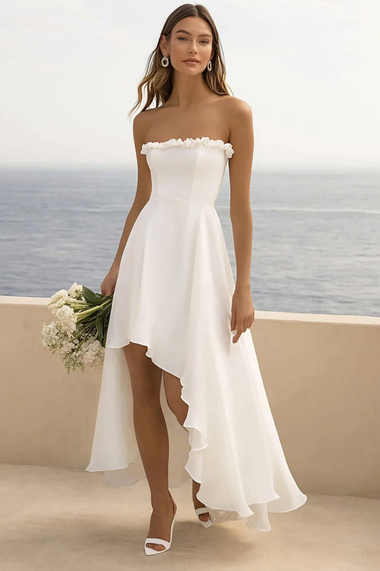 White Chiffon Strapless Asymmetrical Long Engagement Dress with Slit