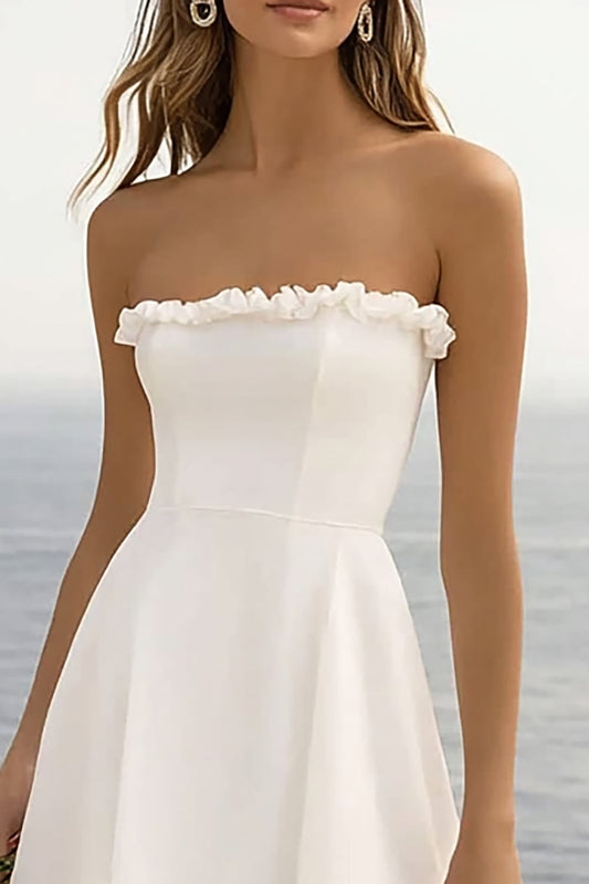 White Chiffon Strapless Asymmetrical Long Engagement Dress with Slit