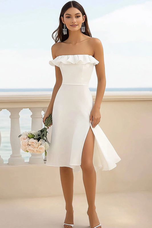 White Satin Strapless Bodycon Short Graduation Dress with Slit