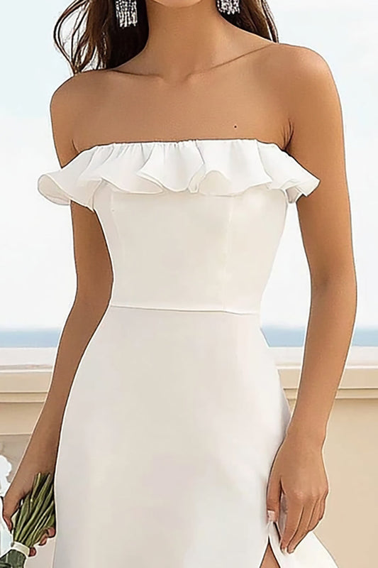 White Satin Strapless Bodycon Short Graduation Dress with Slit