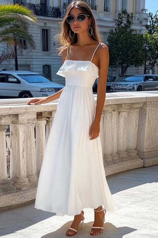 White A Line Square Neck Long Boho Dress with Ruffles