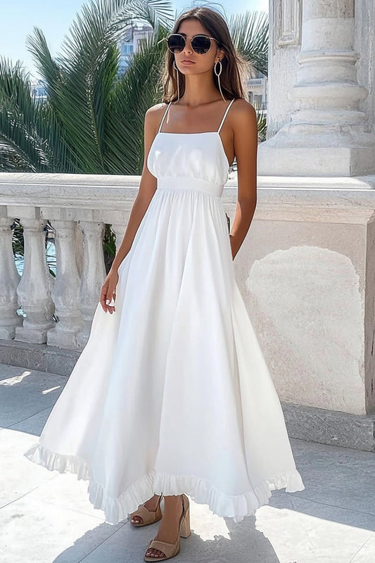 White A Line Boho Spaghetti Straps Long Engagement with Ruffles