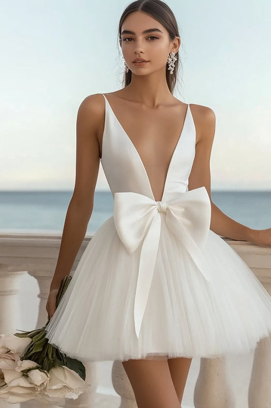 White Tulle Deep V Neck A-Line Short Graduation Dress with Bow