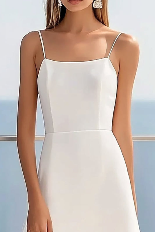 White Satin Spaghetti Straps Sheath Midi Graduation Dress with Lace