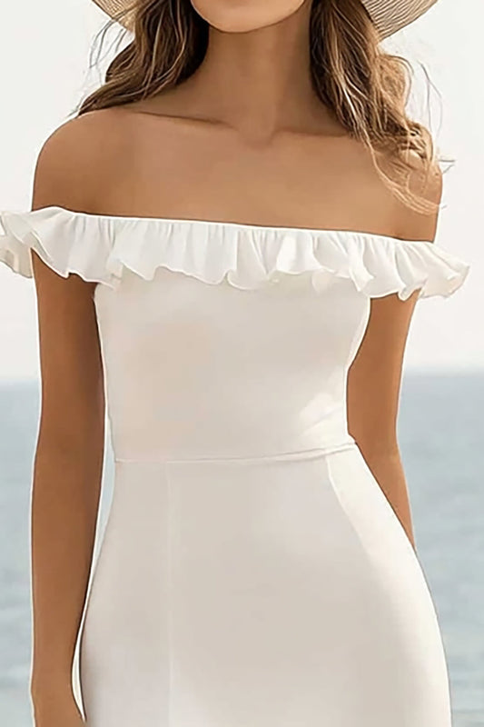 White Sheath Off the Shoulder Chiffon Midi Graduation Dress with Slit