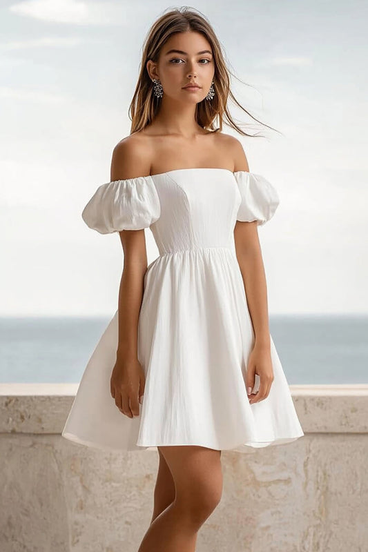 White Off the Shoulder A Line Short Graduation Dress with Puff Sleeves