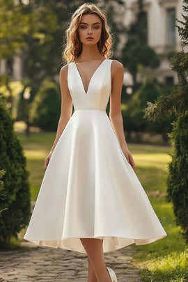 White Satin Deep V Neck Midi A Line Graduation Dress