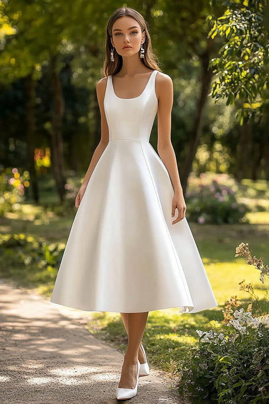 White Satin A Line Midi Graduation Dress Scoop Neck Engagement Dress
