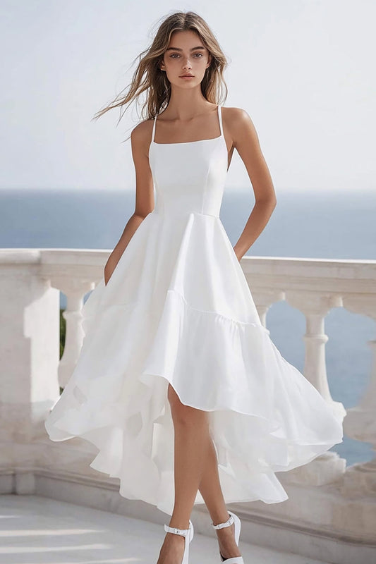 White A Line Asymmetrical Midi Graduation Dress with Ruffles