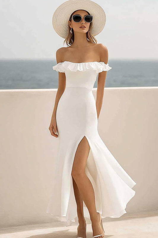 White Mermaid Chiffon Square Neck Long Engagement Dress with Slit