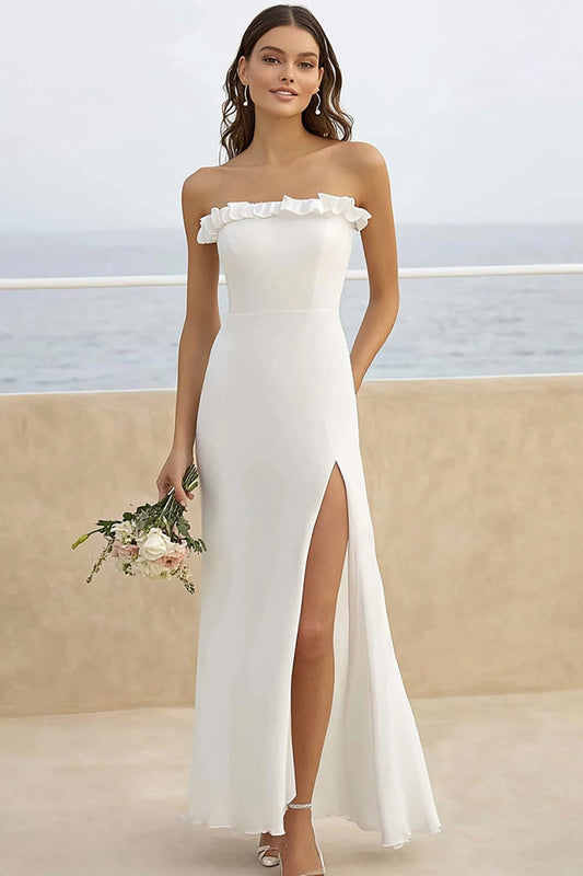 White Sheath Strapless Chiffon Long Engagement Dress with Slit