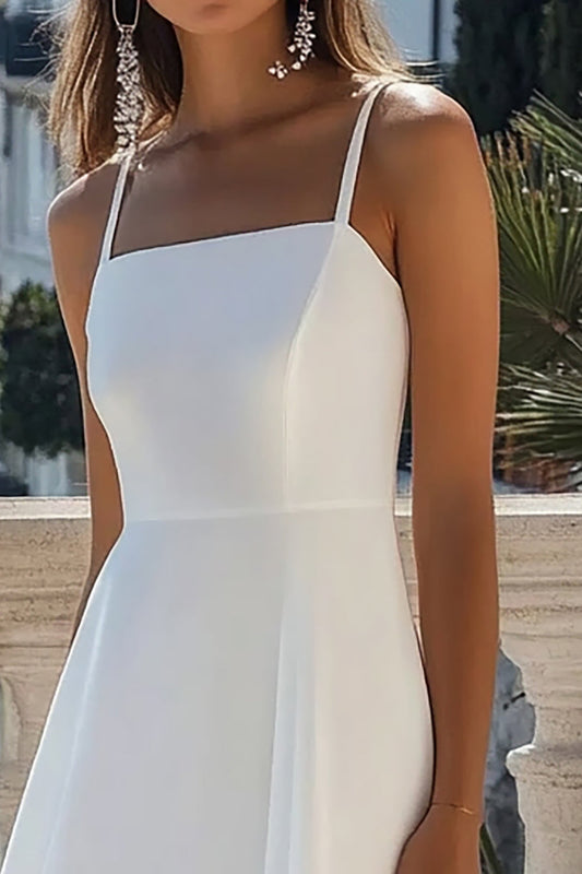White A Line Satin Spaghetti Straps Midi Graduation Dress