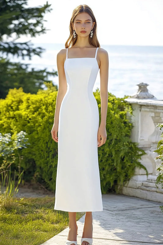 White Satin Sheath Square Neck Long Engagement Dress