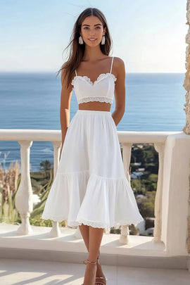 White A Line Two Pieces Midi Graduation Dress with Lace