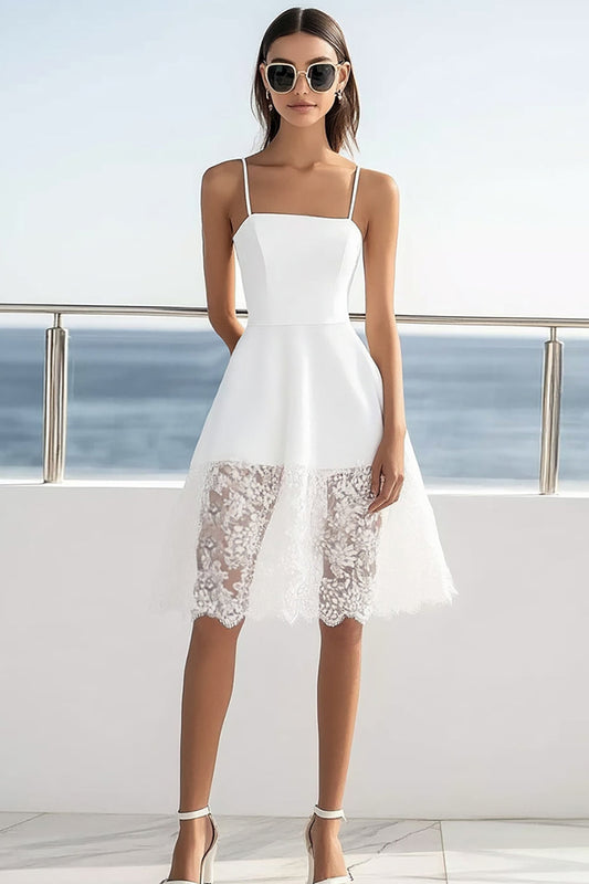 White Satin A Line Square Neck Short Graduation Dress with Lace