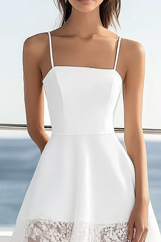 White Satin A Line Square Neck Short Graduation Dress with Lace